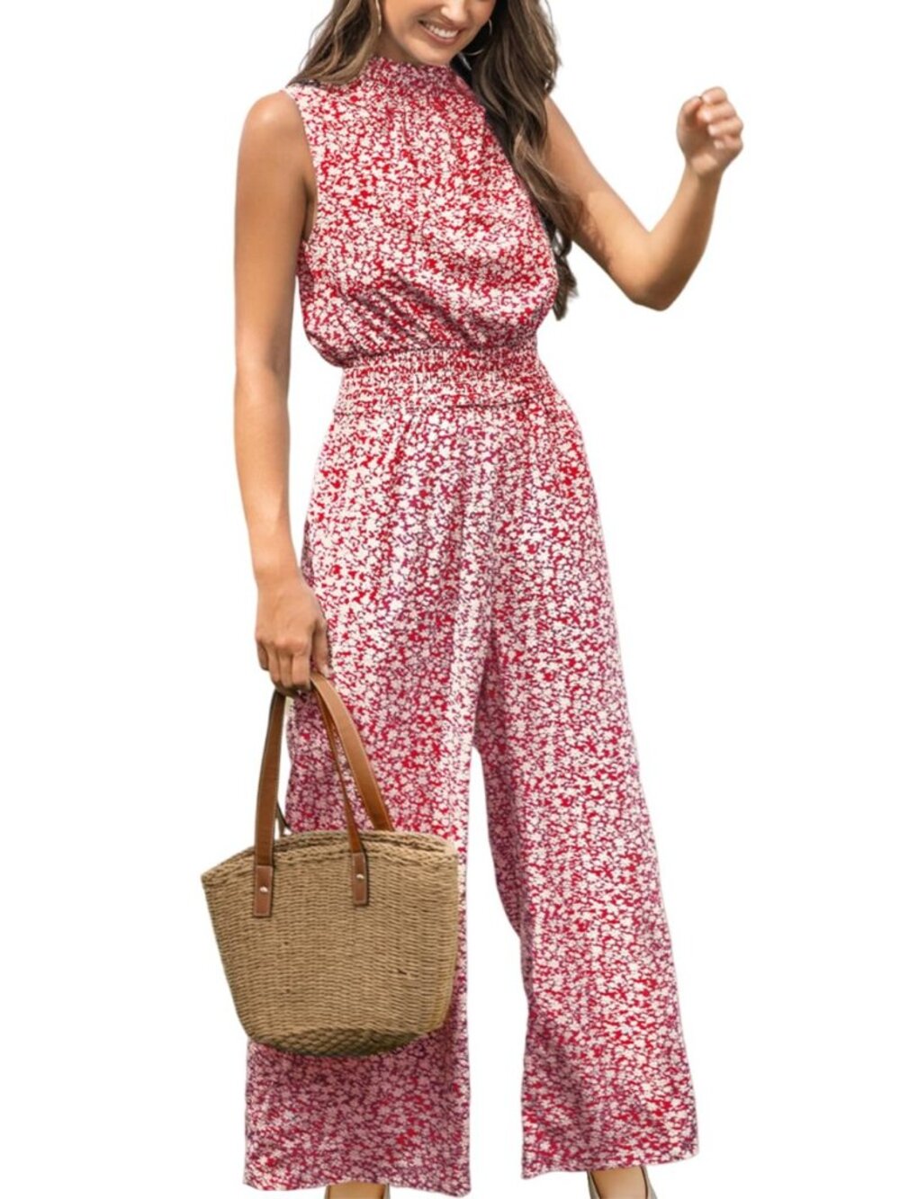 Women's Floral Mock Neck Sleeveless Wide Leg Jumpsuit with Pockets